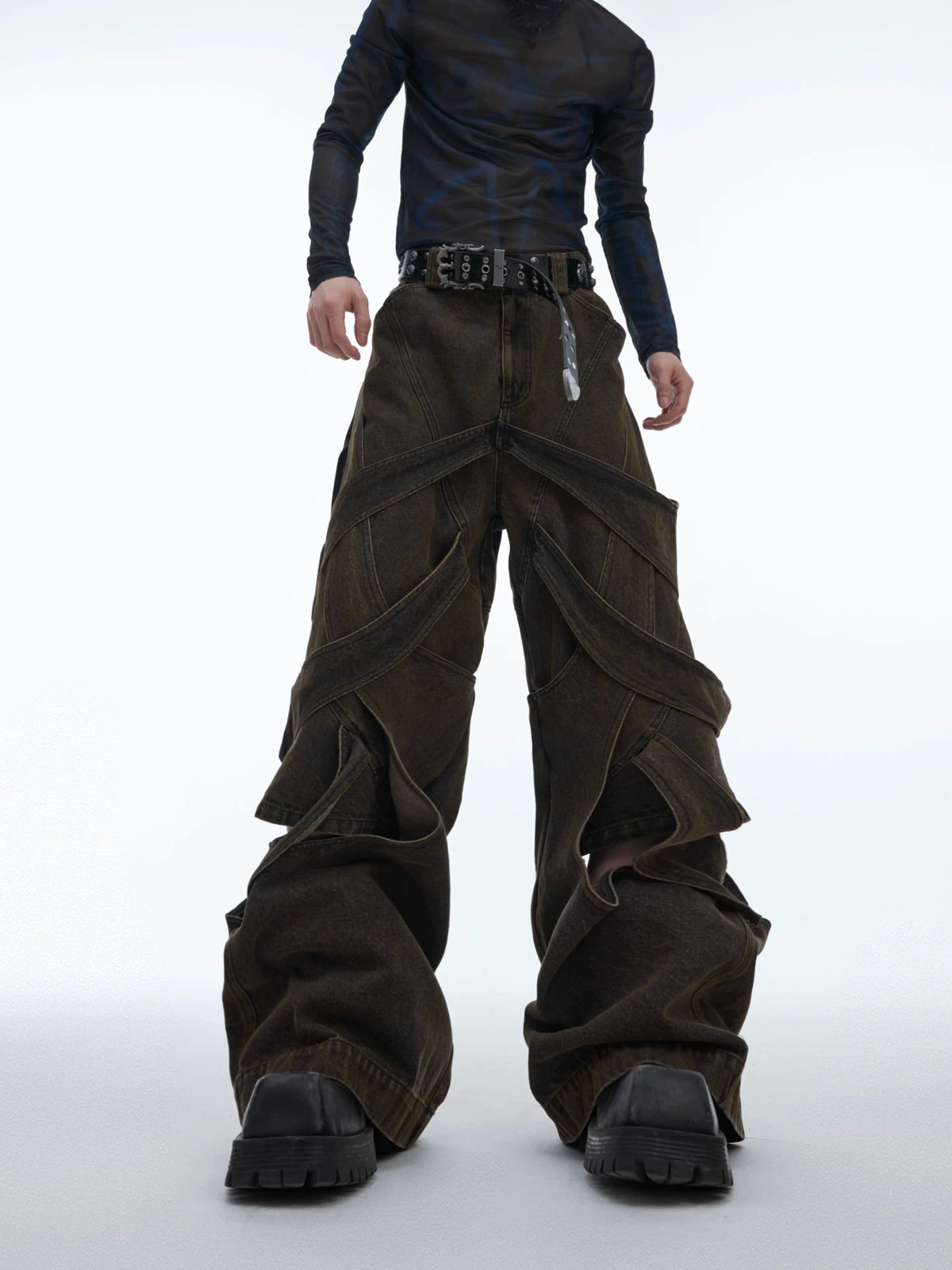 Washed Cutout Flared Utility Jeans | Wide-Leg Denim - main image 2