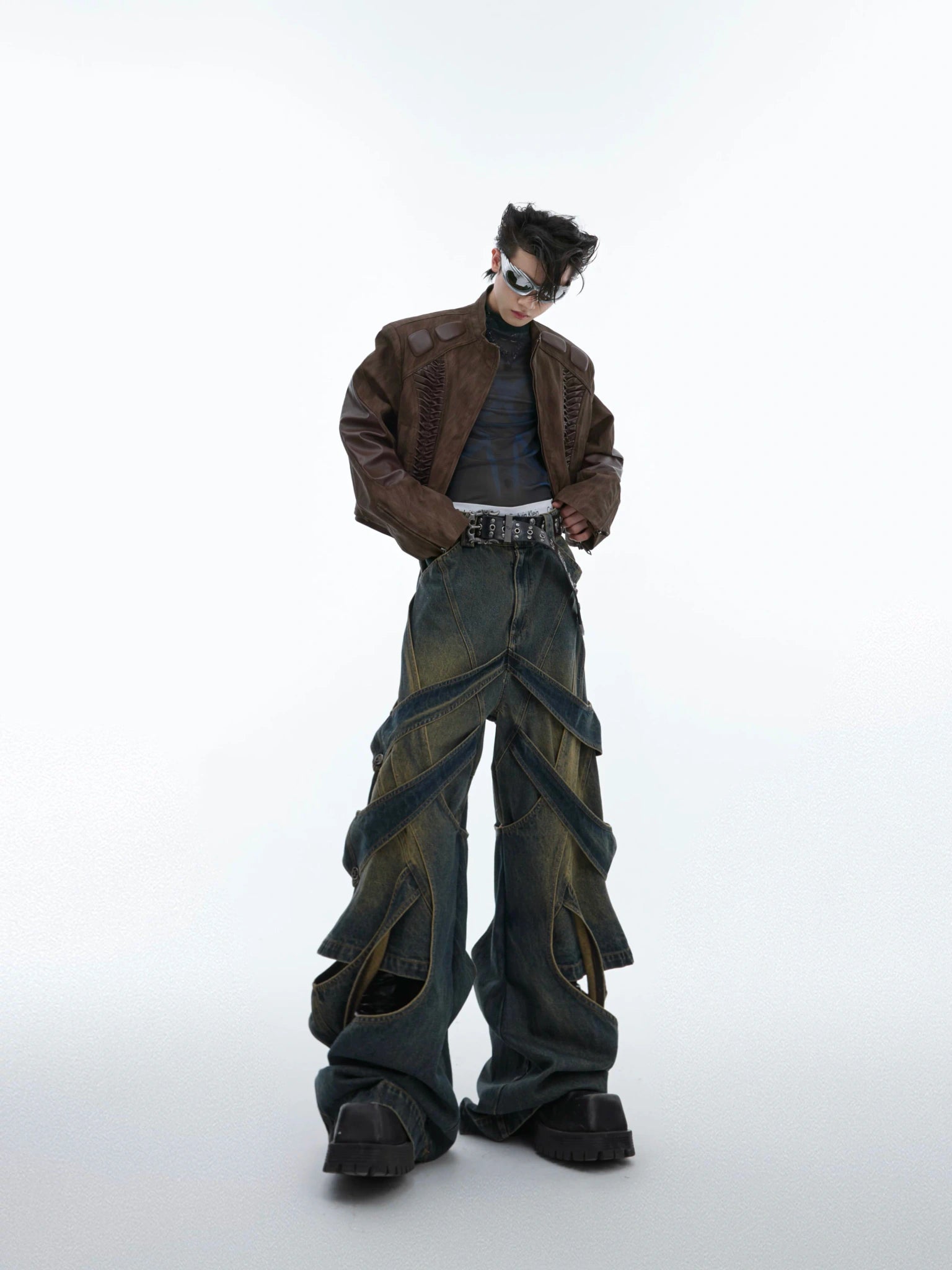 Washed Cutout Flared Utility Jeans | Wide-Leg Denim - main image 3