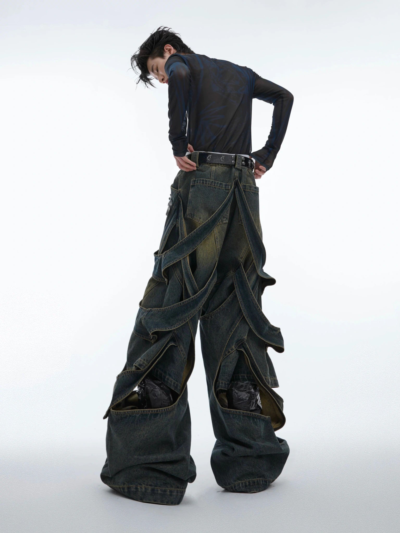 Washed Cutout Flared Utility Jeans | Wide-Leg Denim - main image 4