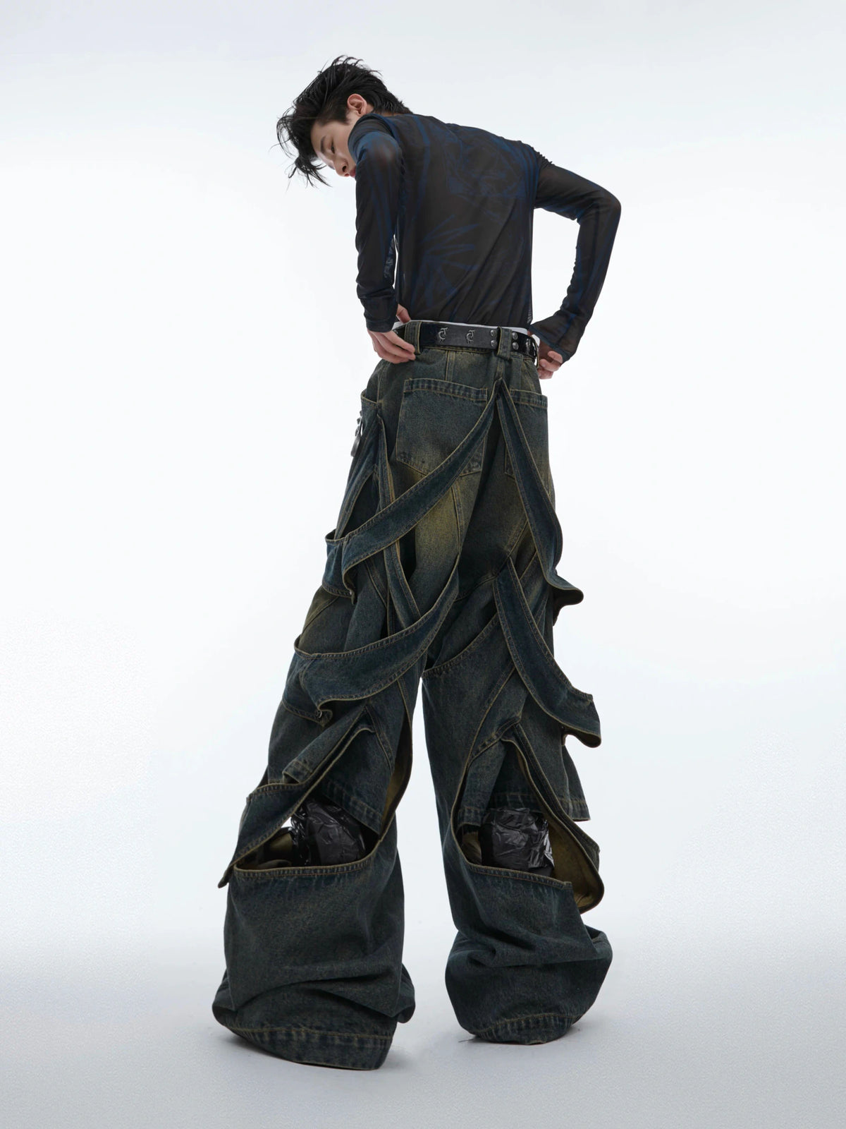 Washed Cutout Flared Utility Jeans | Wide-Leg Denim - main image 4