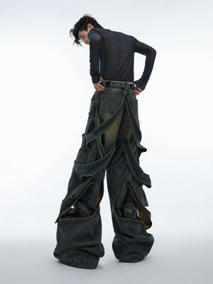 Washed Cutout Flared Utility Jeans | Wide-Leg Denim - main image 4