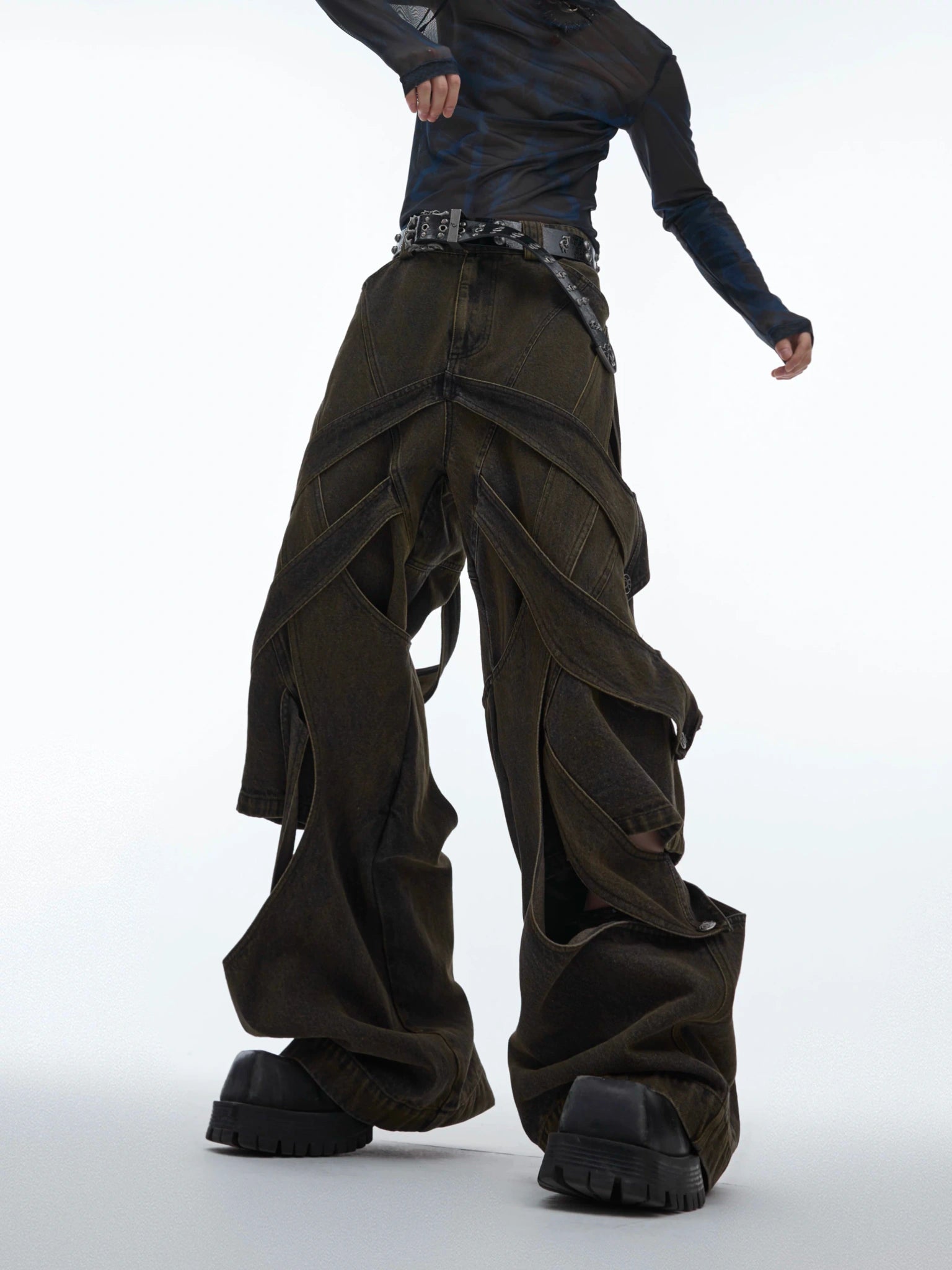 Washed Cutout Flared Utility Jeans | Wide-Leg Denim - main image 5