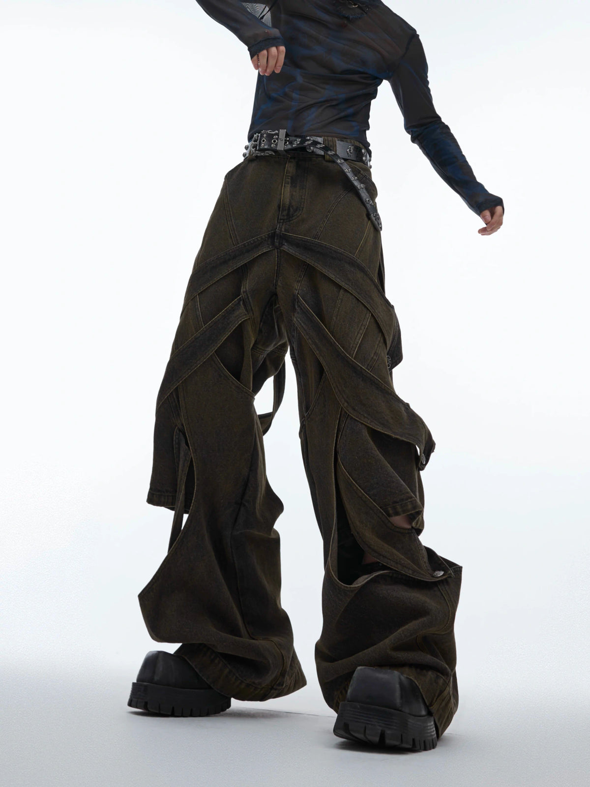 Washed Cutout Flared Utility Jeans | Wide-Leg Denim - main image 5