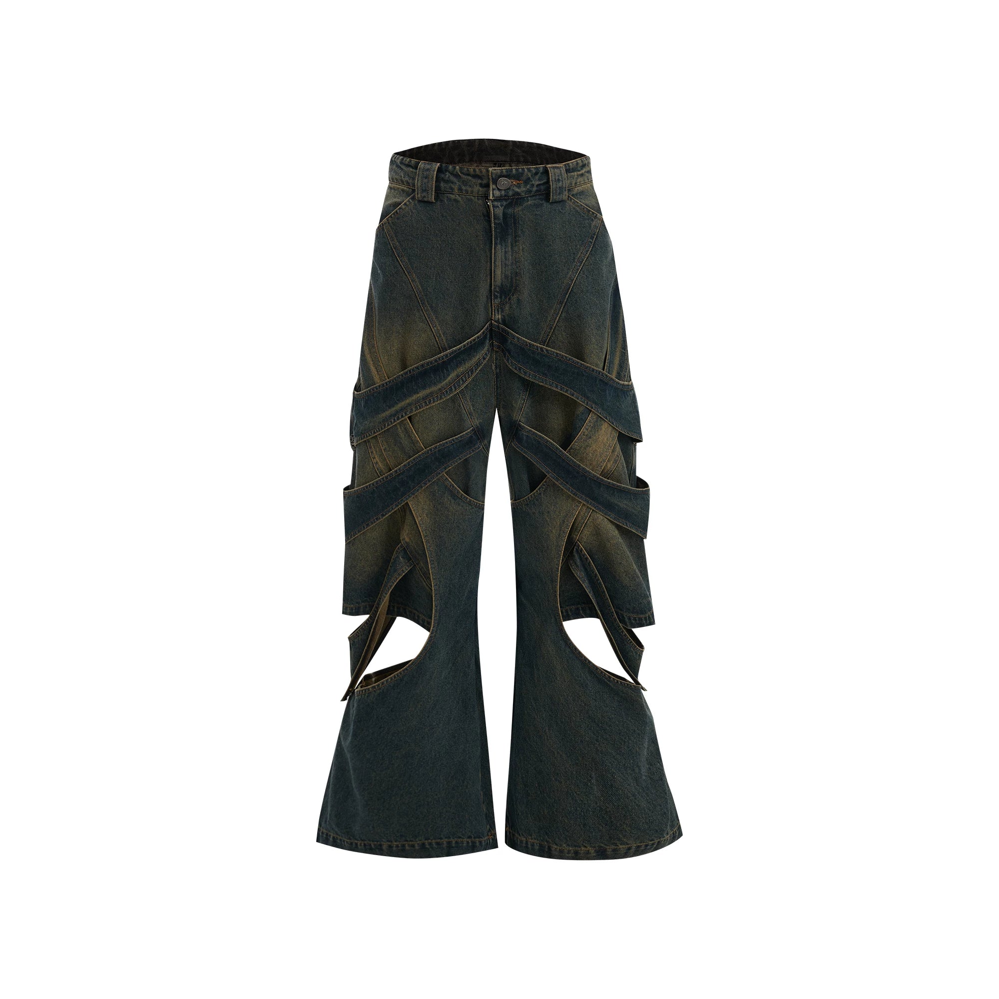 Washed Cutout Flared Utility Jeans | Wide-Leg Denim - Blue