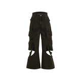 Washed Cutout Flared Utility Jeans | Wide-Leg Denim - Black