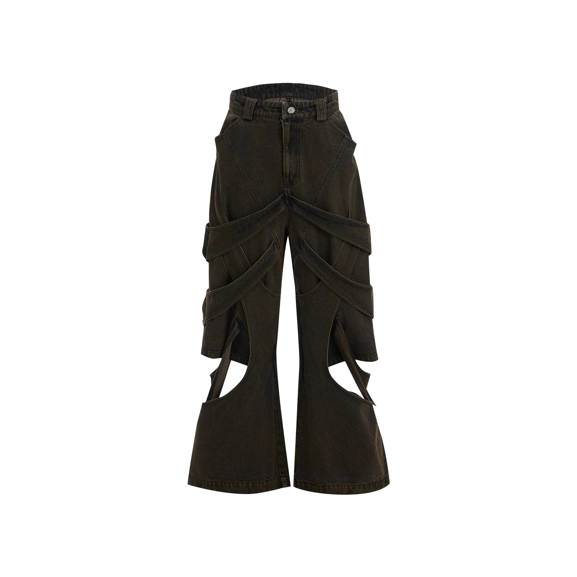 Washed Cutout Flared Utility Jeans | Wide-Leg Denim - Black