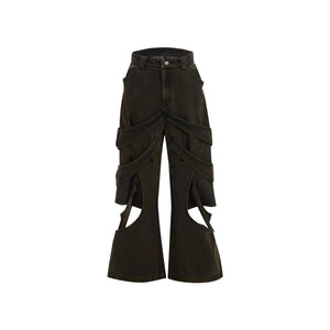 Washed Cutout Flared Utility Jeans | Wide-Leg Denim - Black