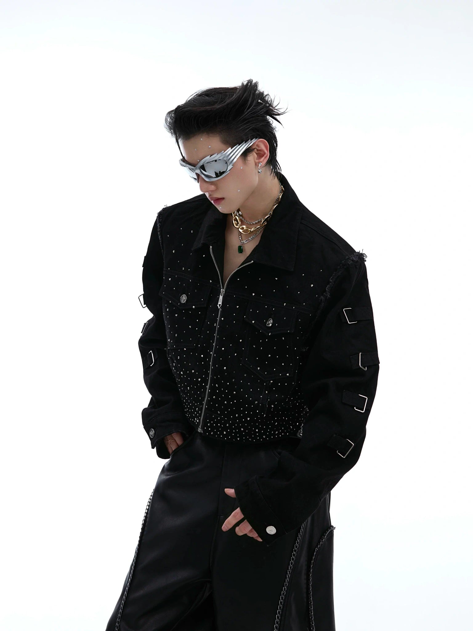Black Sequin Cropped Jacket with Structured Shoulders - main image 1