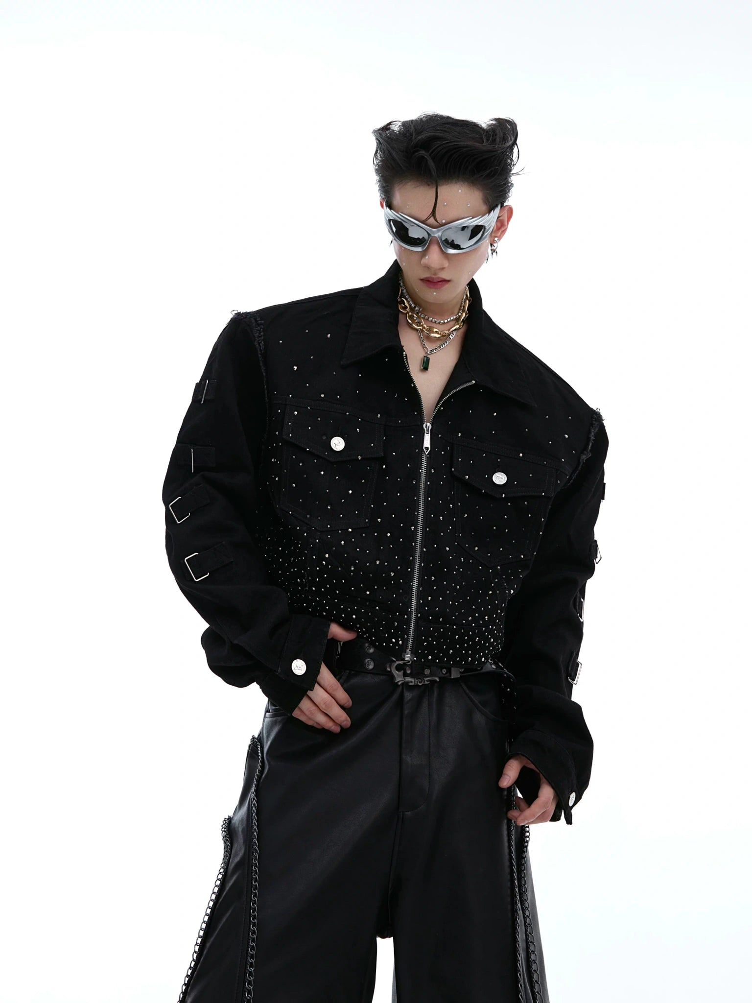 Black Sequin Cropped Jacket with Structured Shoulders - main image 2