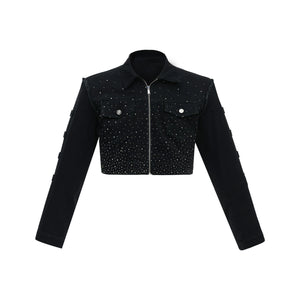 Black Sequin Cropped Jacket with Structured Shoulders - Black