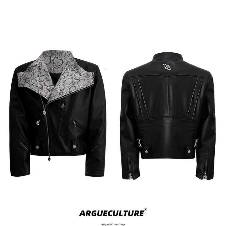 Snake Pattern PU Short Jacket with Lapel Collar and Zipper Pockets - ArgueCulture