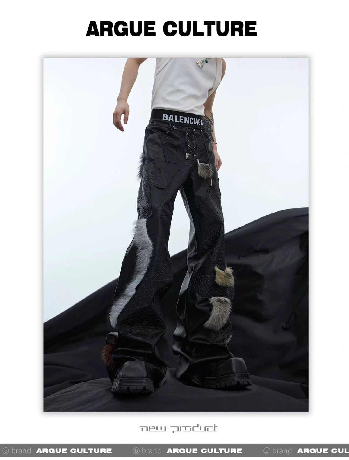 Black PU Patchwork Straight-Leg Pants | Avant-Garde - description image 2