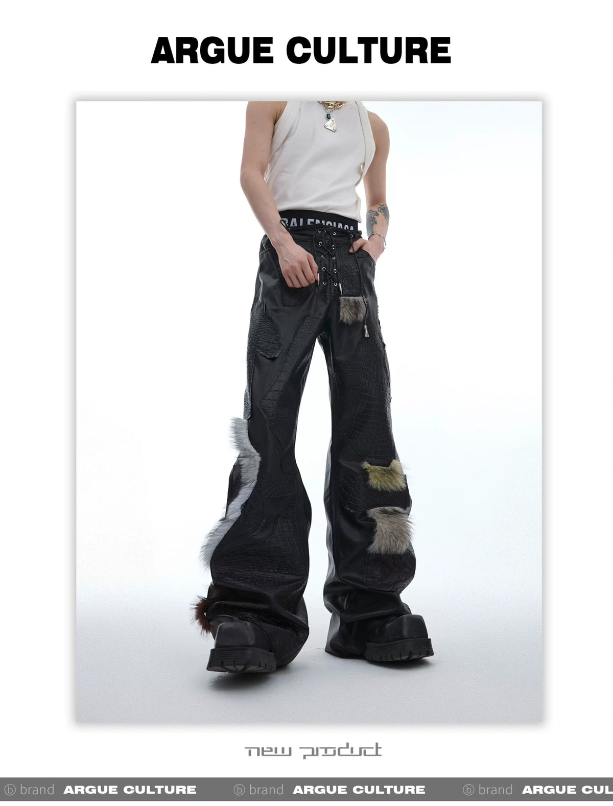 Black PU Patchwork Straight-Leg Pants | Avant-Garde - description image 3