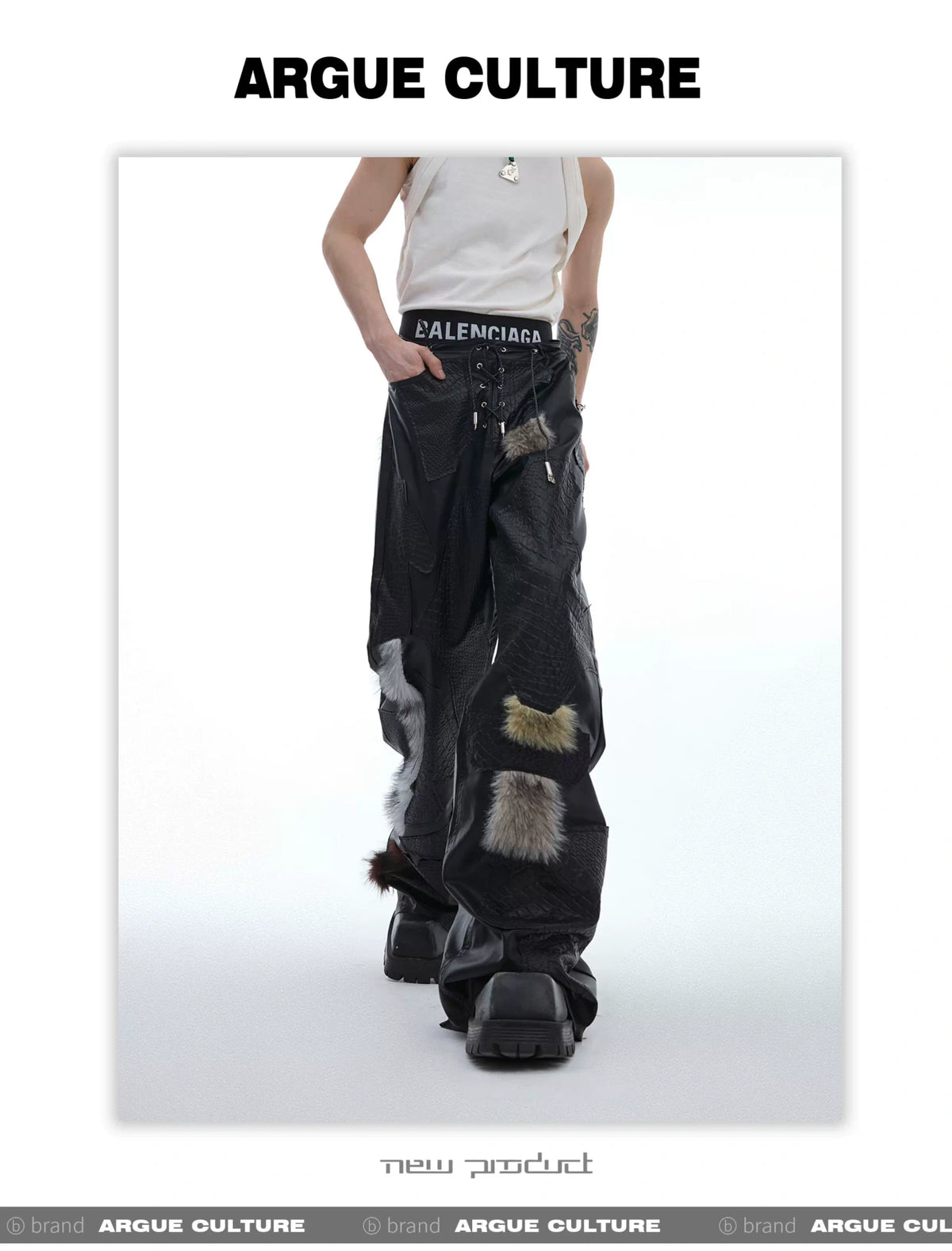Black PU Patchwork Straight-Leg Pants | Avant-Garde - description image 5