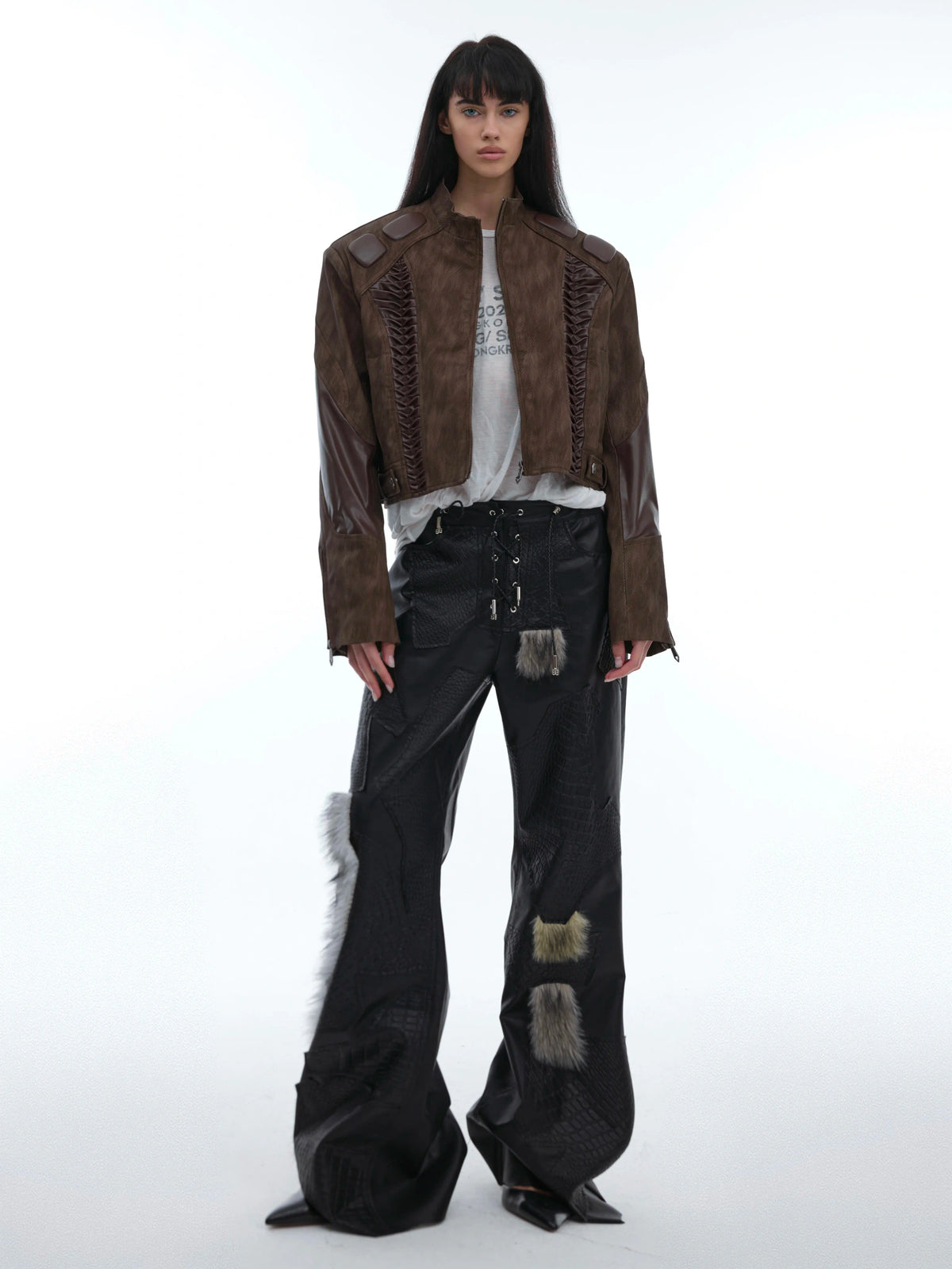 Black PU Patchwork Straight-Leg Pants | Avant-Garde - main image 2