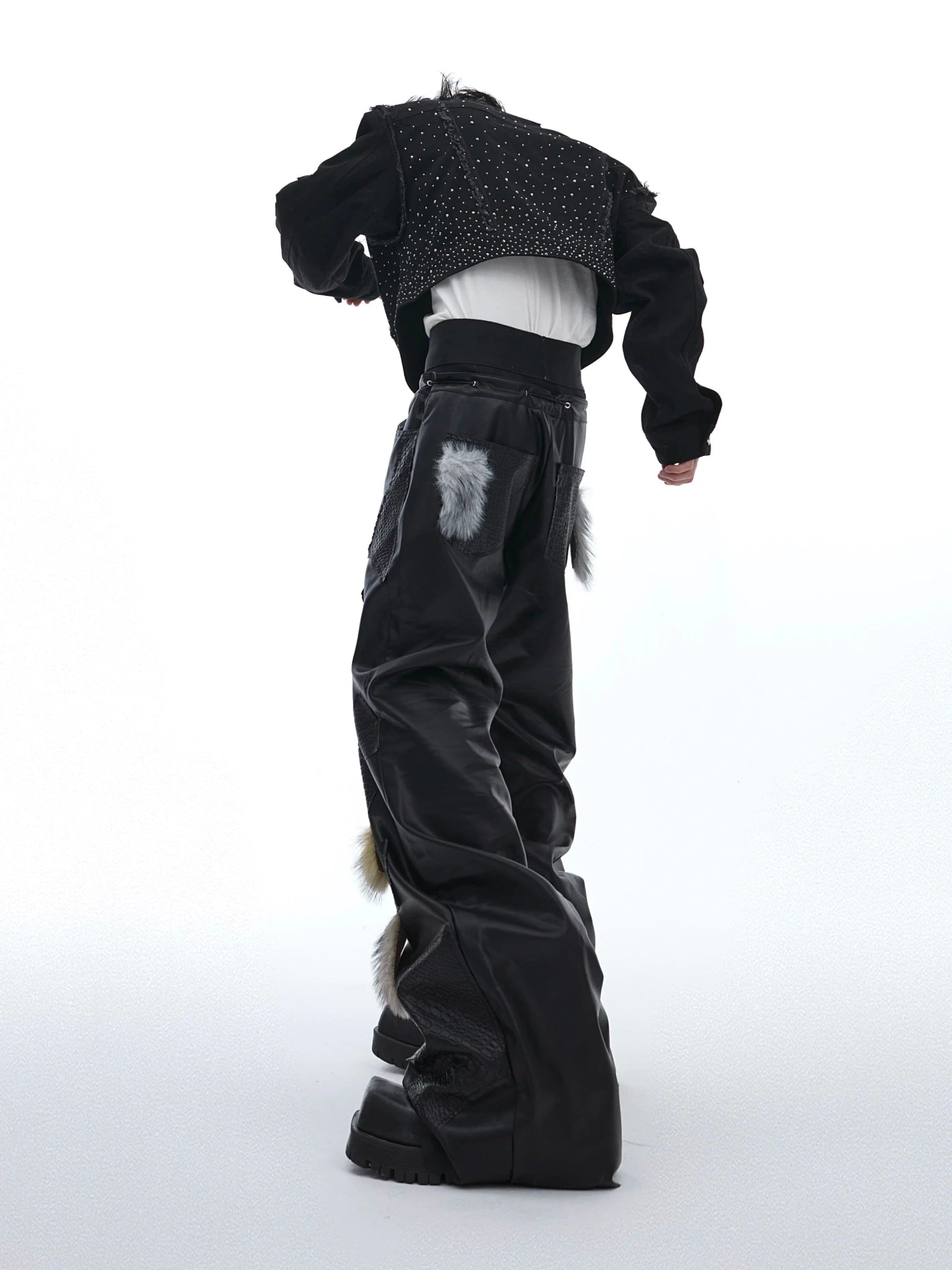 Black PU Patchwork Straight-Leg Pants | Avant-Garde - main image 4