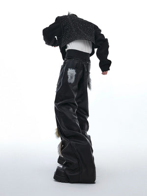 Black PU Patchwork Straight-Leg Pants | Avant-Garde - main image 4