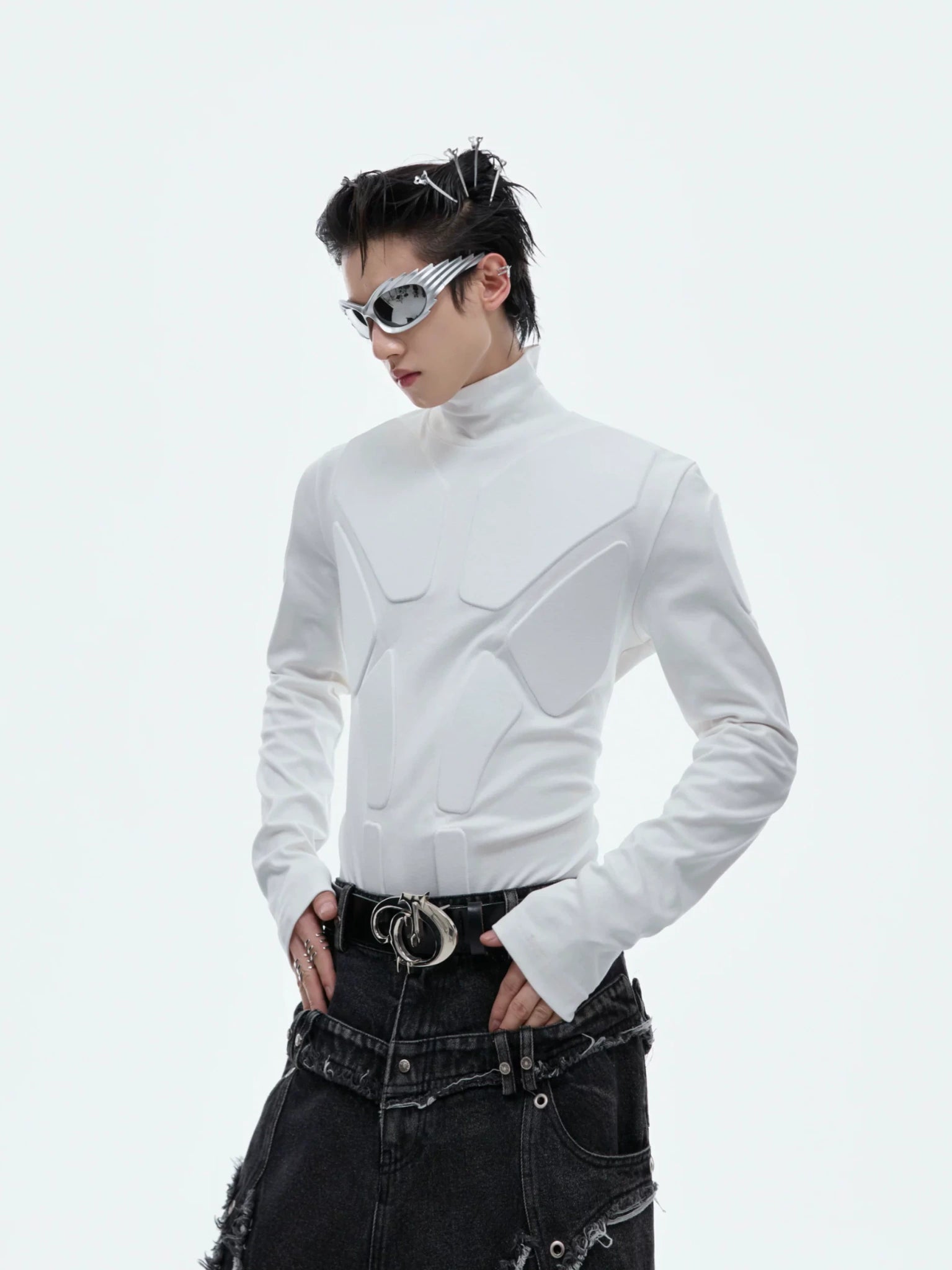 3D Armor Mock-Neck Cotton-Blend Long-Sleeve Top - main image 1