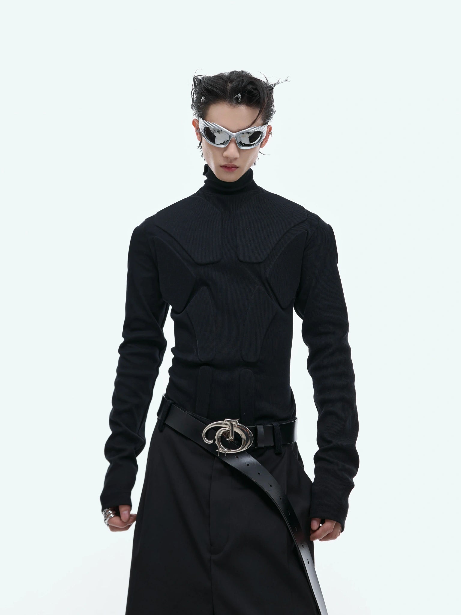 3D Armor Mock-Neck Cotton-Blend Long-Sleeve Top - Black Top