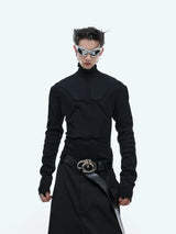 3D Armor Mock-Neck Cotton-Blend Long-Sleeve Top - Black Top