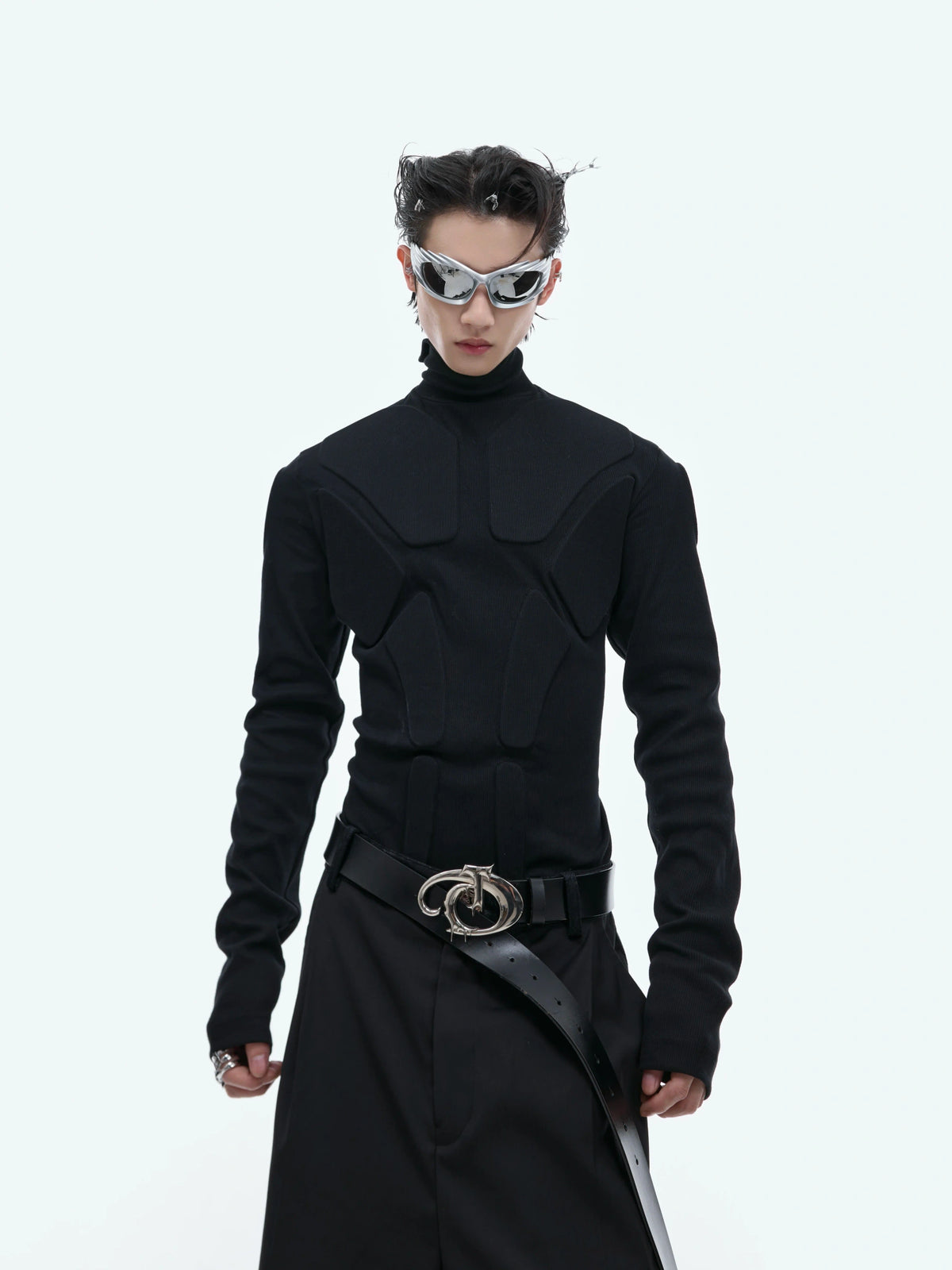 3D Armor Mock-Neck Cotton-Blend Long-Sleeve Top - Black Top