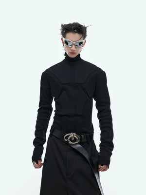 3D Armor Mock-Neck Cotton-Blend Long-Sleeve Top - Black Top