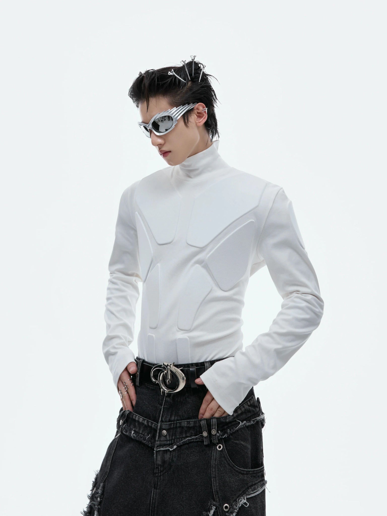 3D Armor Mock-Neck Cotton-Blend Long-Sleeve Top - White Top