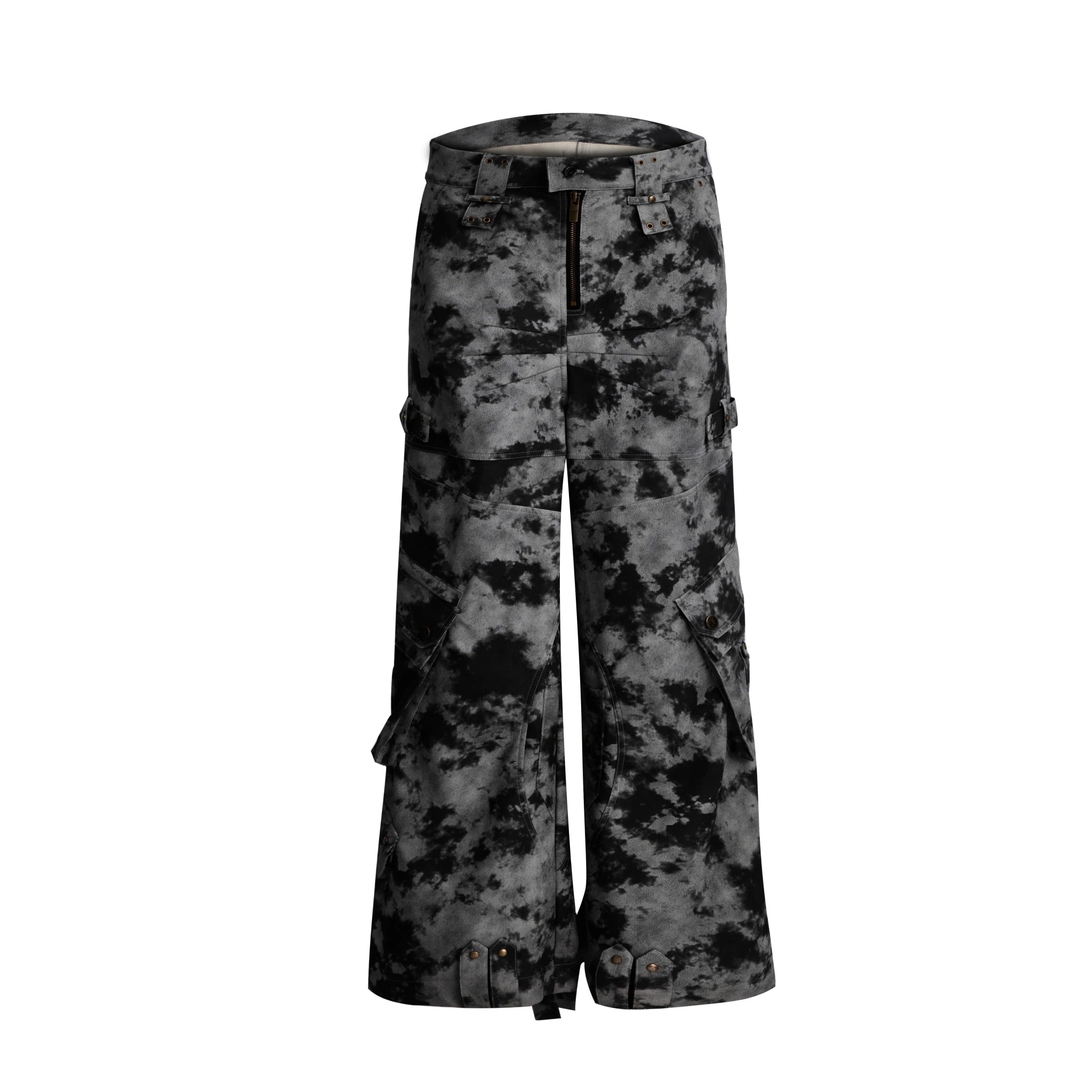 Distressed Ink-Blot Wide-Leg Cargo Pants | Streetwear - Gray
