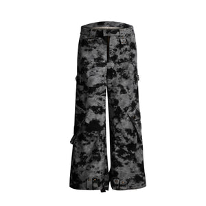 Distressed Ink-Blot Wide-Leg Cargo Pants | Streetwear - Gray