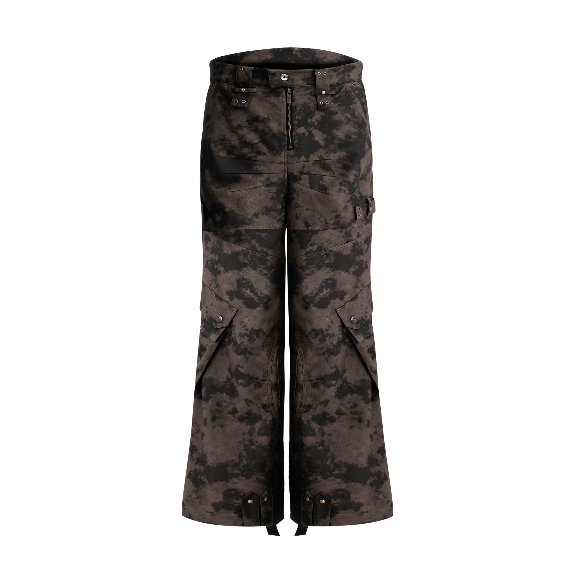 Distressed Ink-Blot Wide-Leg Cargo Pants | Streetwear - Yellow