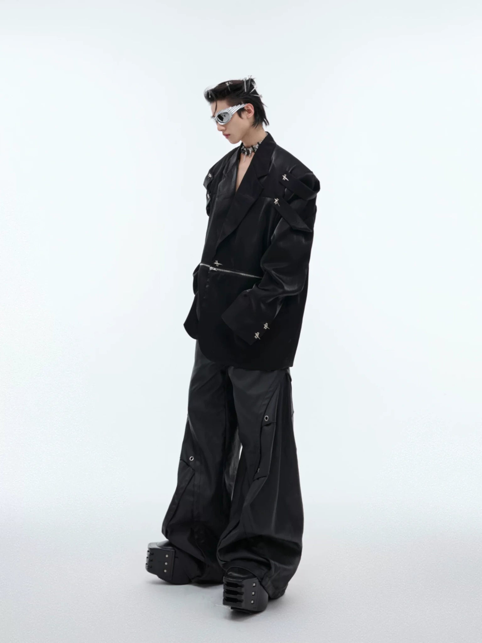 Black Oversized Deconstructed Blazer with Padded Shoulders - main image 3