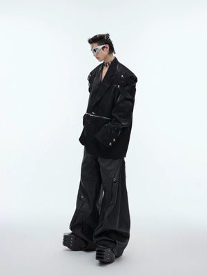 Black Oversized Deconstructed Blazer with Padded Shoulders - main image 3