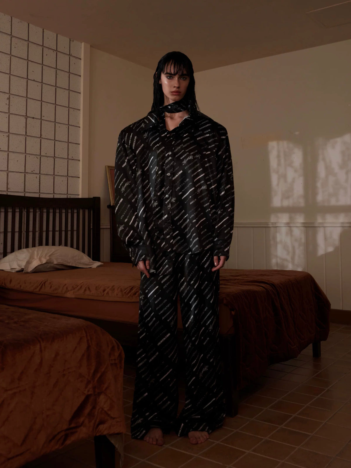 Deconstructed Long-Sleeve Pajama Set in Black or White - main image 5