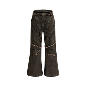 Deconstructed Washed Denim Jacket and Pants Set - Washed Yellow Pants
