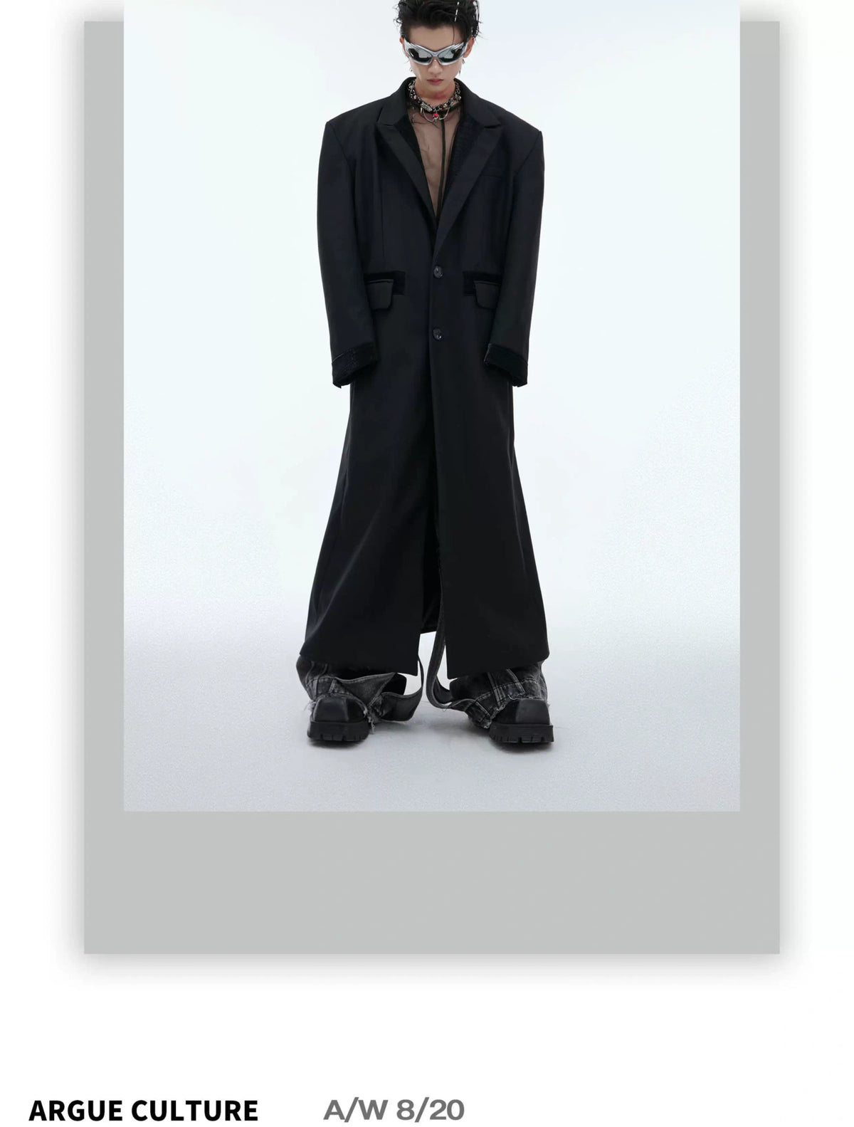 Black Spliced Long Overcoat with Notched Lapel Detail - description image 1