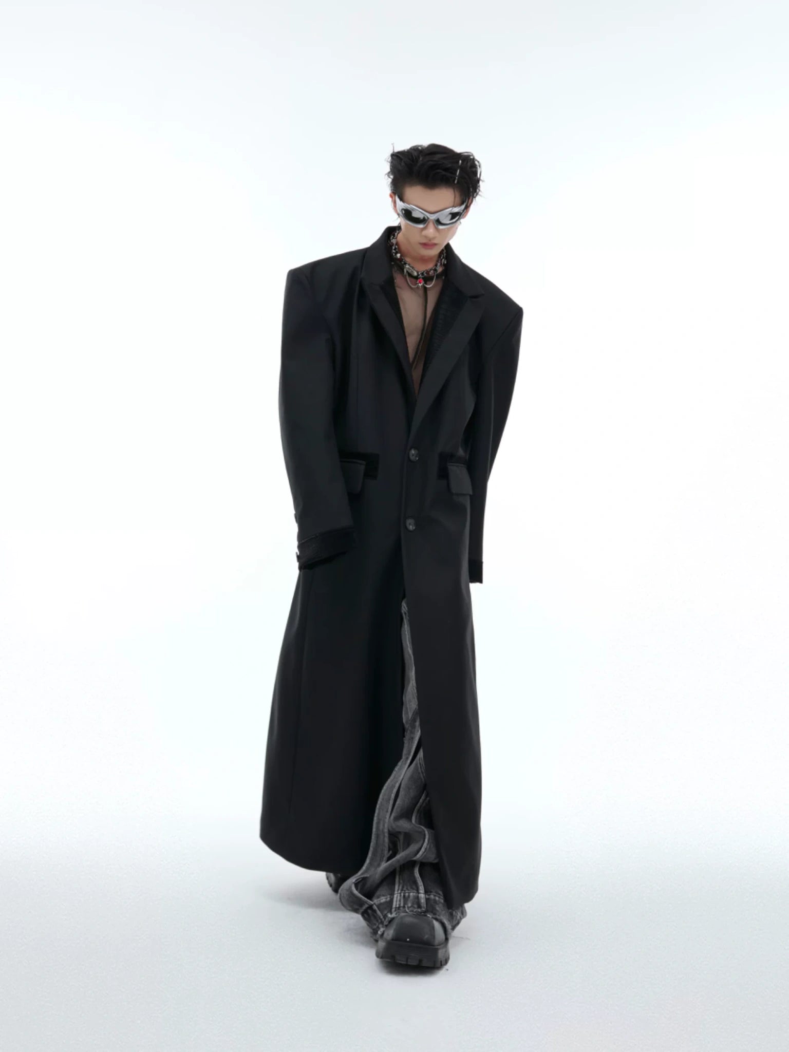 Black Spliced Long Overcoat with Notched Lapel Detail - main image 1