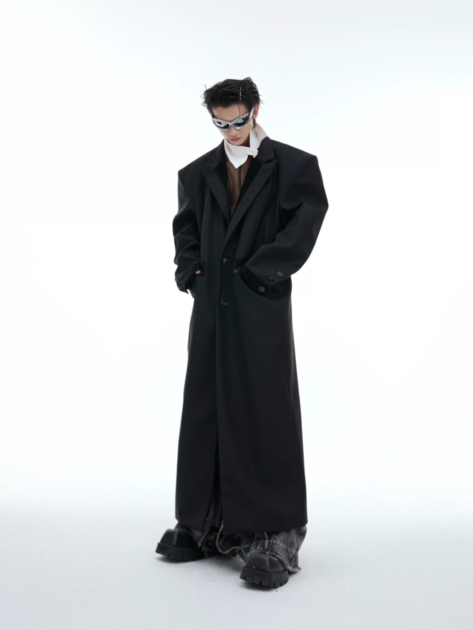 Black Spliced Long Overcoat with Notched Lapel Detail - main image 2