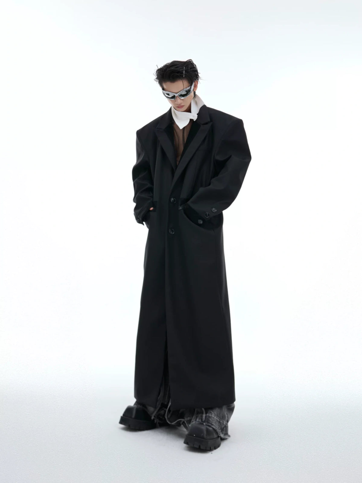 Black Spliced Long Overcoat with Notched Lapel Detail - main image 2