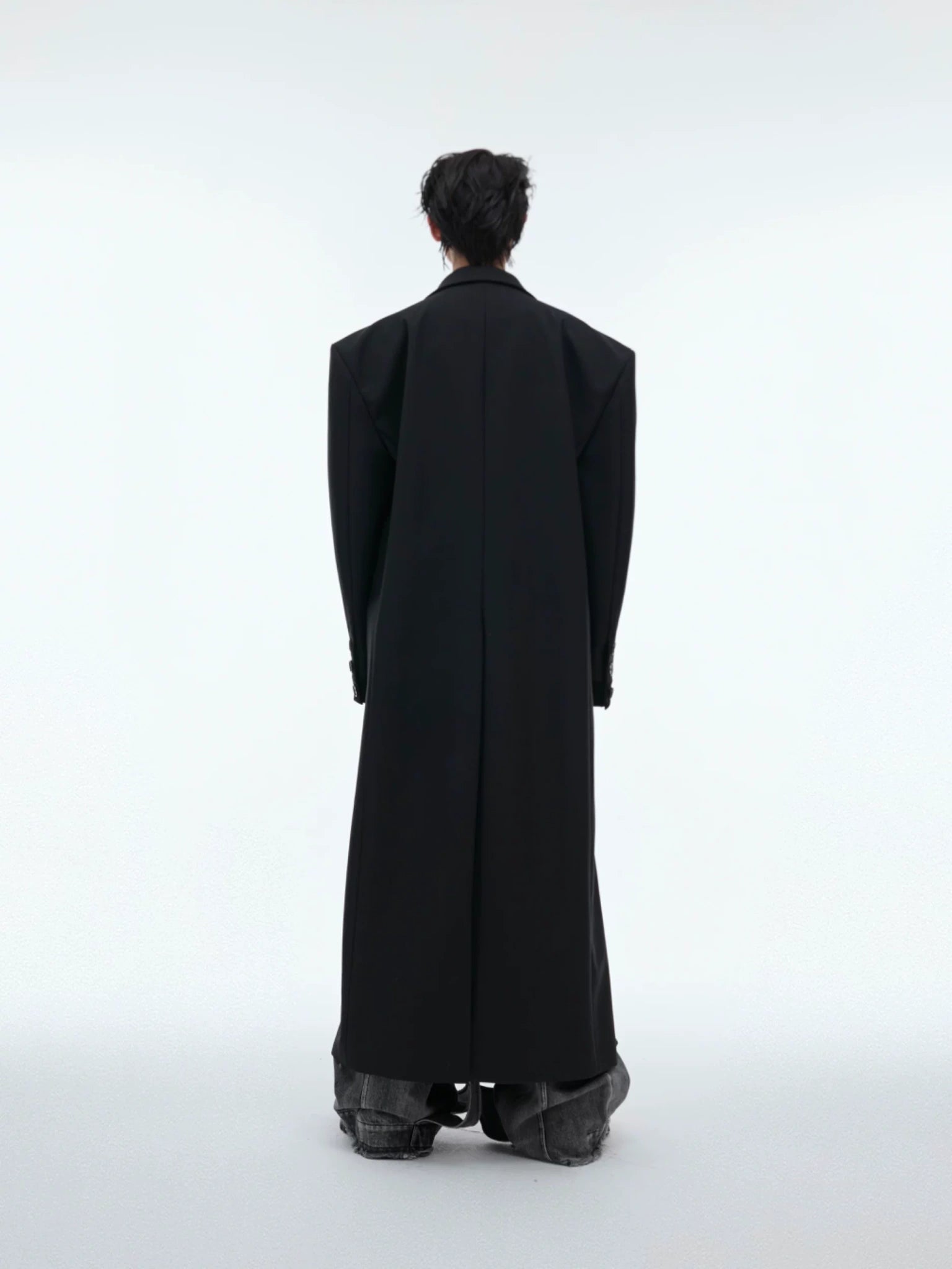 Black Spliced Long Overcoat with Notched Lapel Detail - main image 3