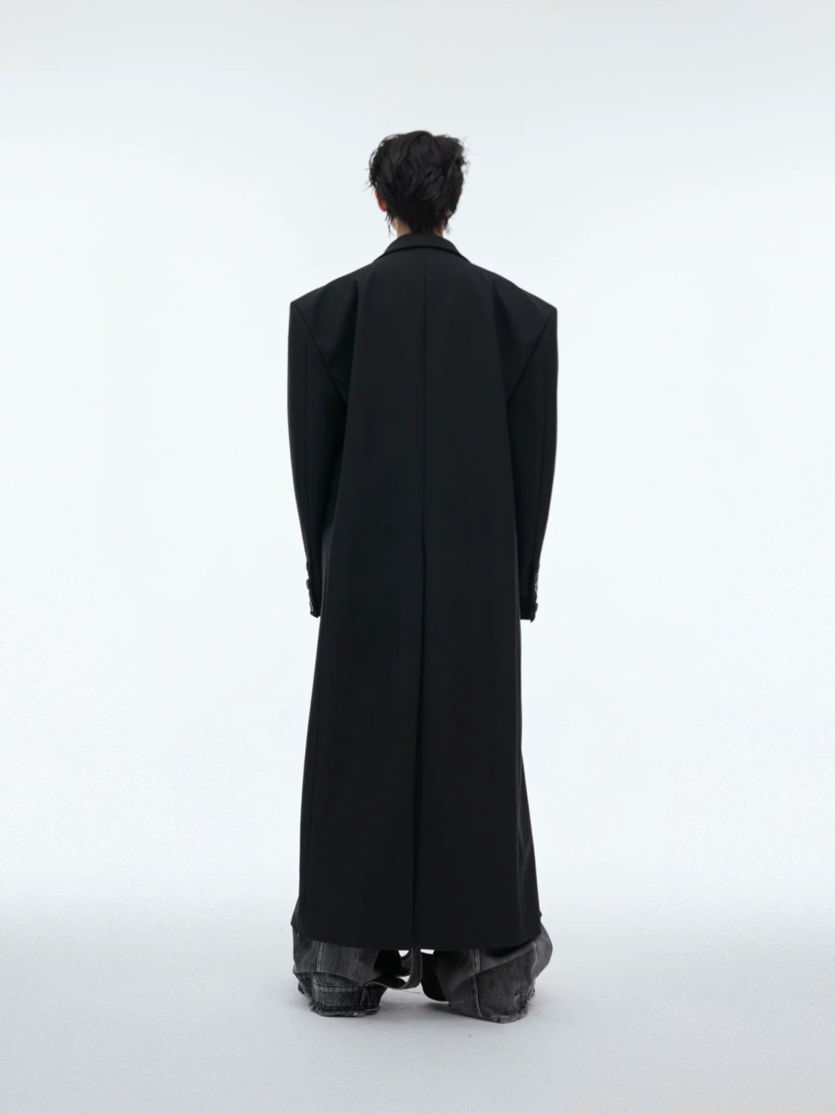 Black Spliced Long Overcoat with Notched Lapel Detail - main image 3