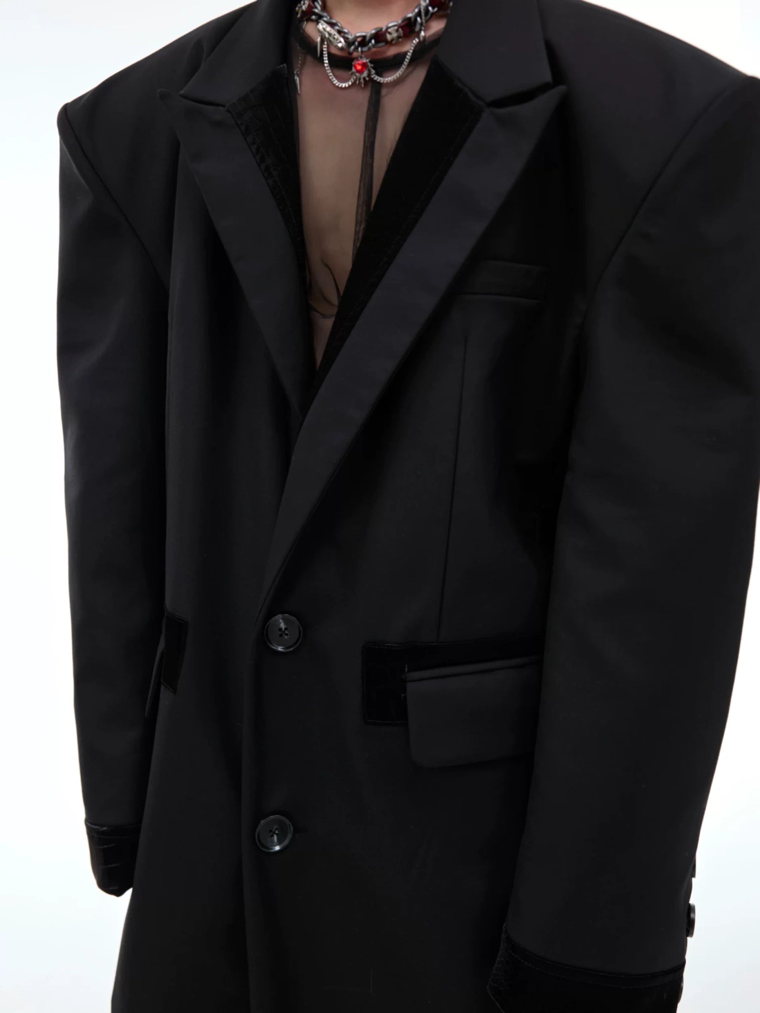 Black Spliced Long Overcoat with Notched Lapel Detail - main image 5