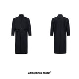 Black Spliced Long Overcoat with Notched Lapel Detail - Black