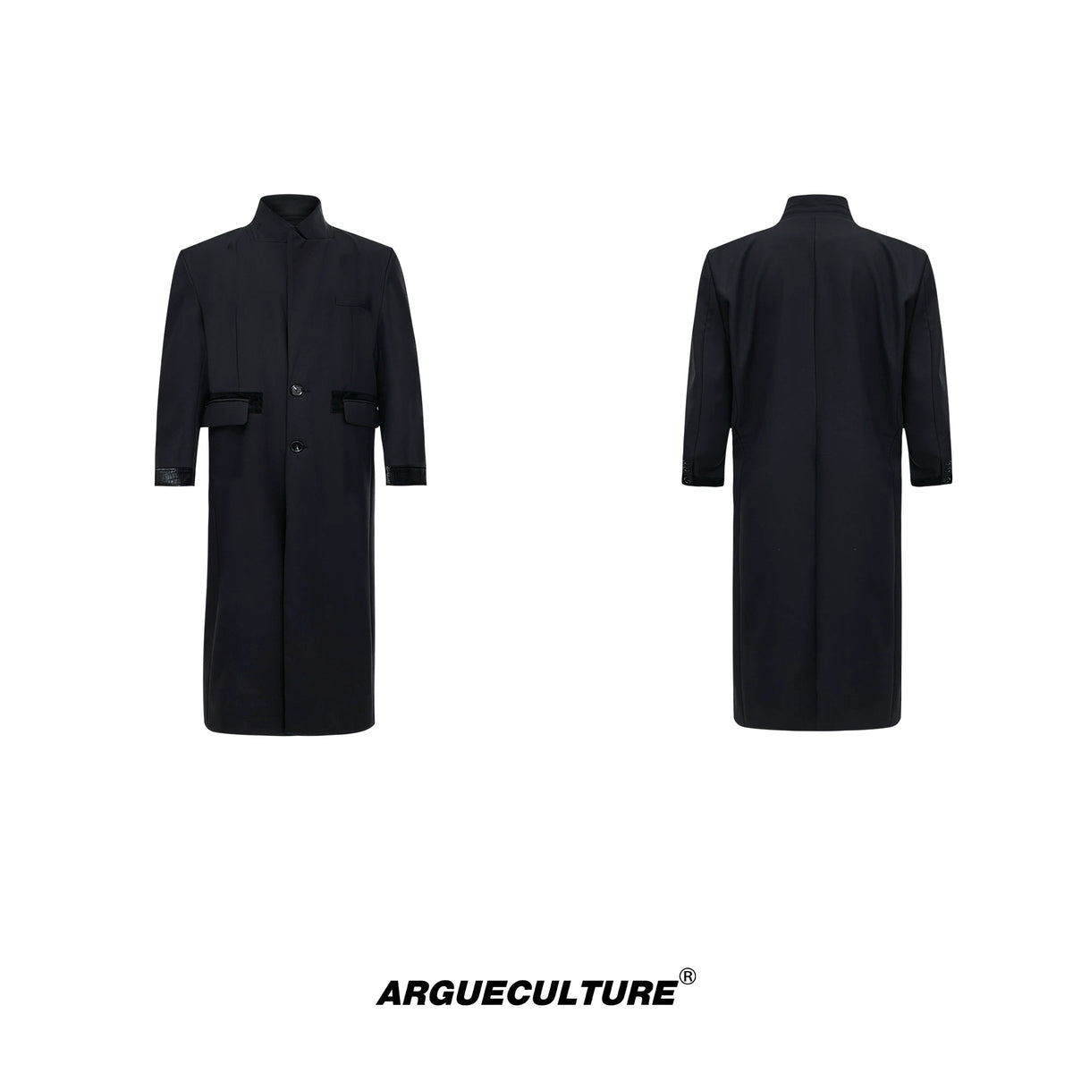 Black Spliced Long Overcoat with Notched Lapel Detail - Black