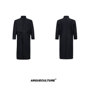 Black Spliced Long Overcoat with Notched Lapel Detail - Black