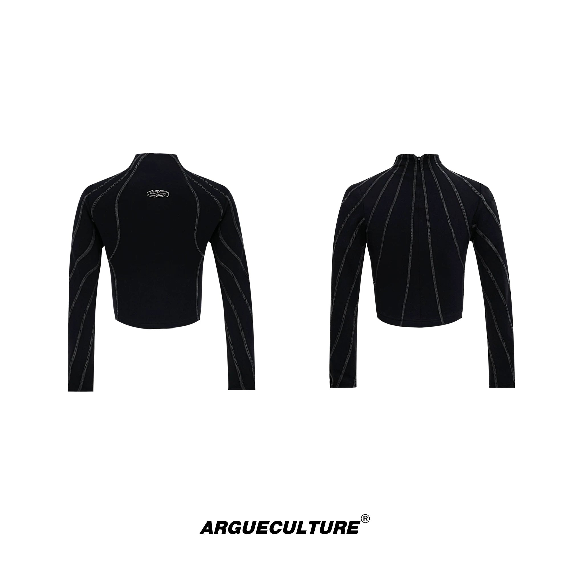 Cropped Mock-Neck Long-Sleeve T-Shirt in Cotton - Black Top