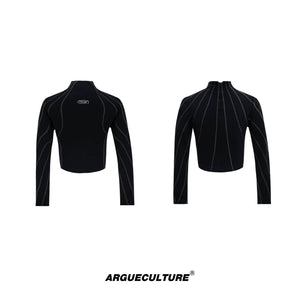 Cropped Mock-Neck Long-Sleeve T-Shirt in Cotton - Black Top