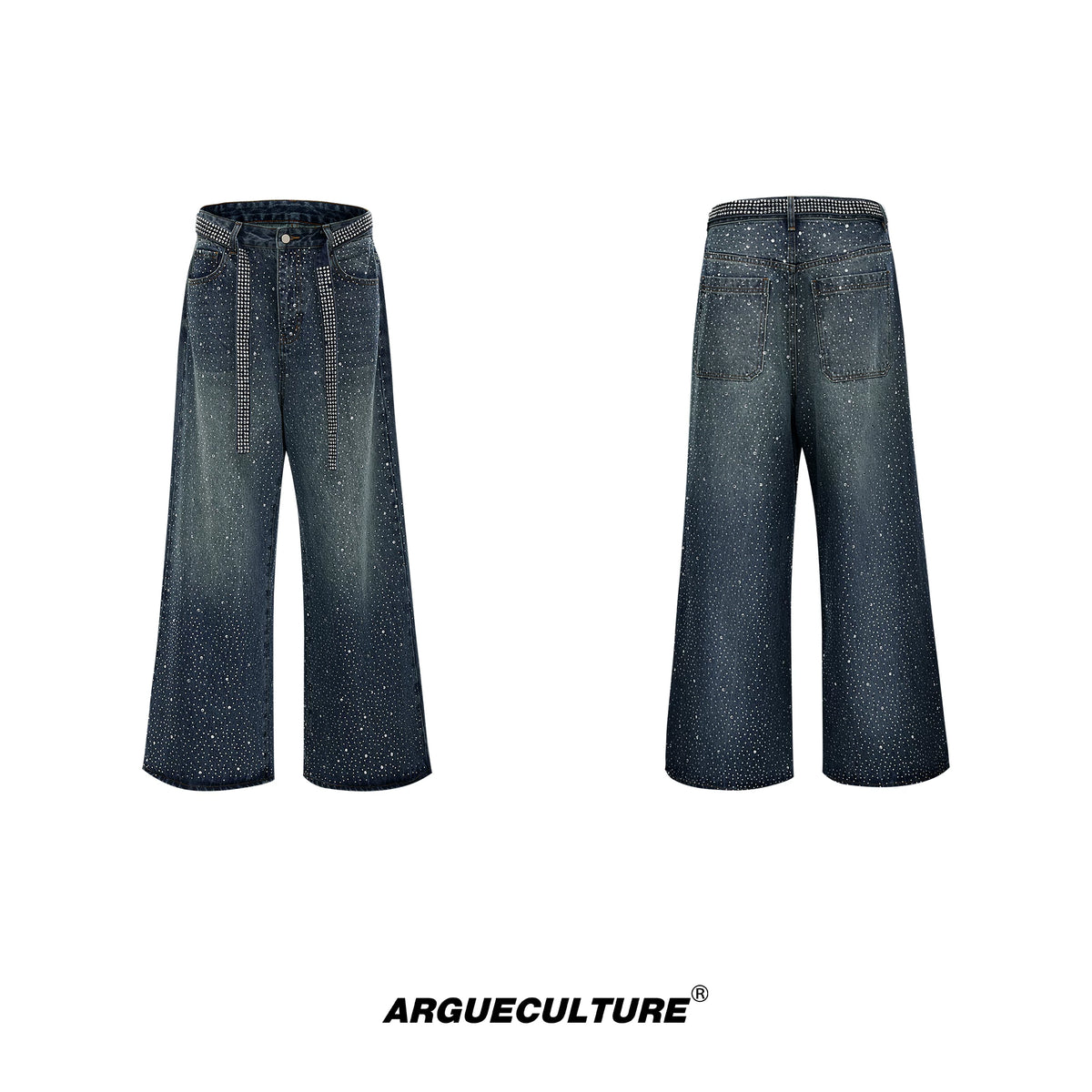 Crystal-Detail Relaxed Straight-Leg Washed Jeans - Blue