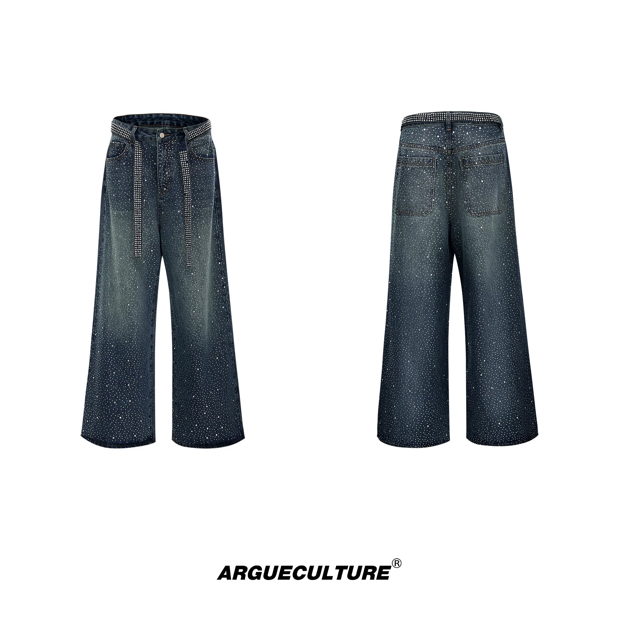 Crystal-Detail Relaxed Straight-Leg Washed Jeans - Blue