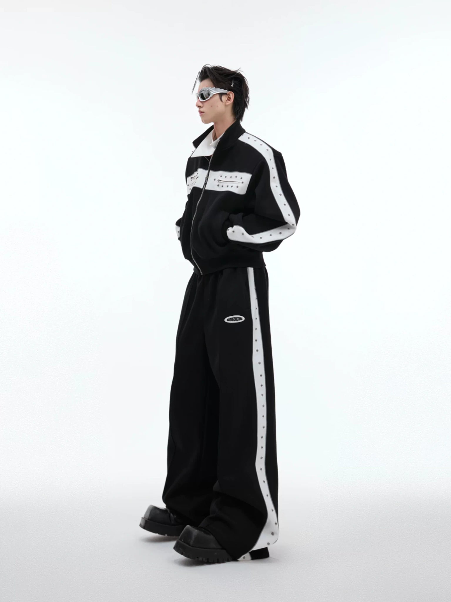 Relaxed Studded Zip Hoodie with Stand Collar - main image 2