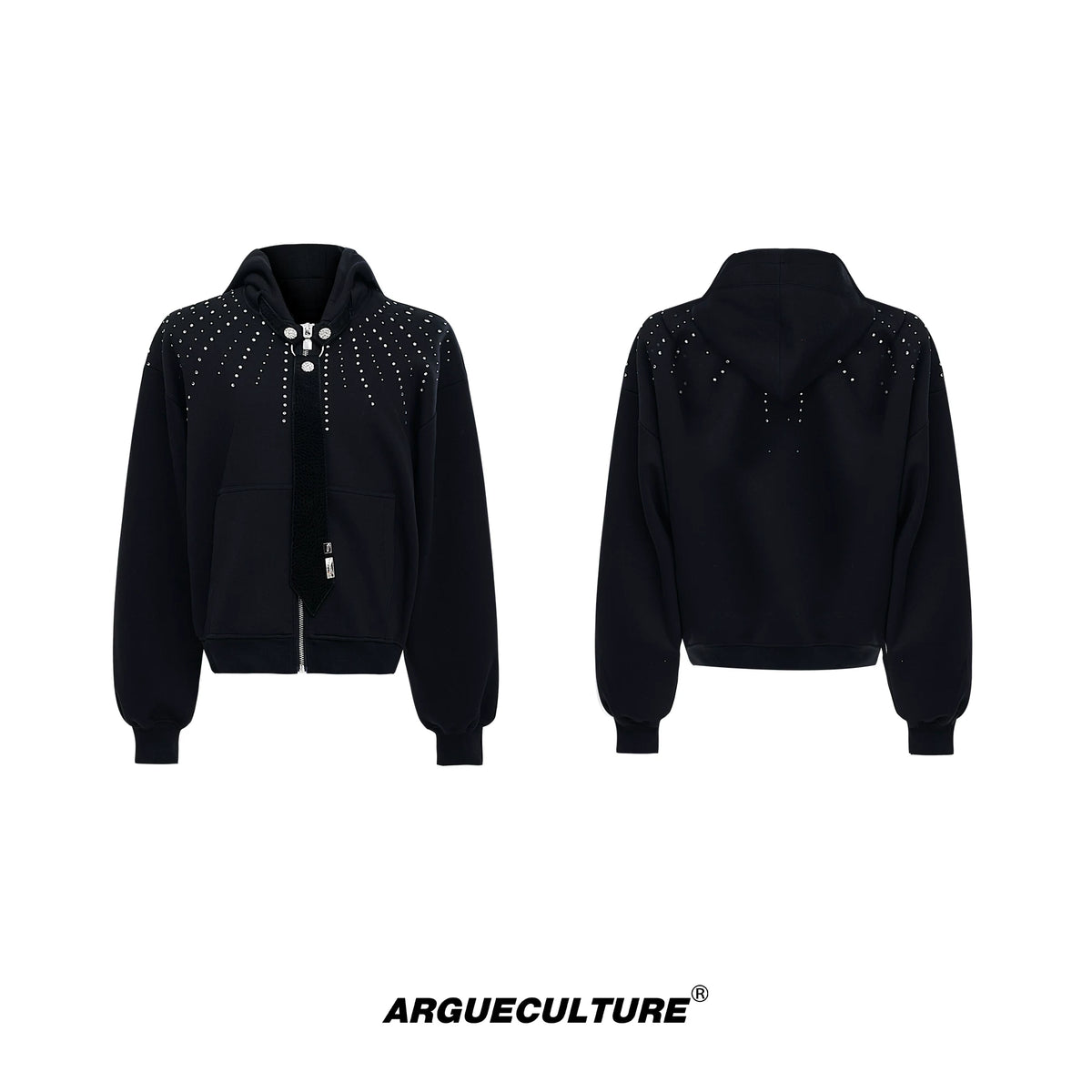 Relaxed Hooded Jacket with Detachable Tie Detail - Black
